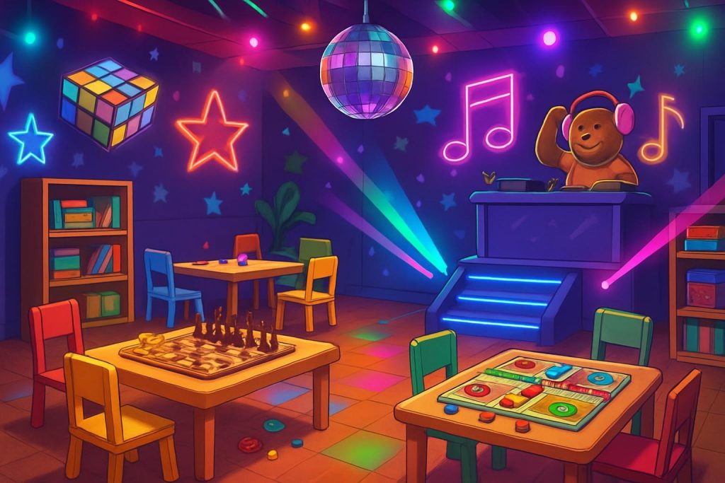 Stylised image showing board games laid out at some tables and a teddy bear on the DJ decks.